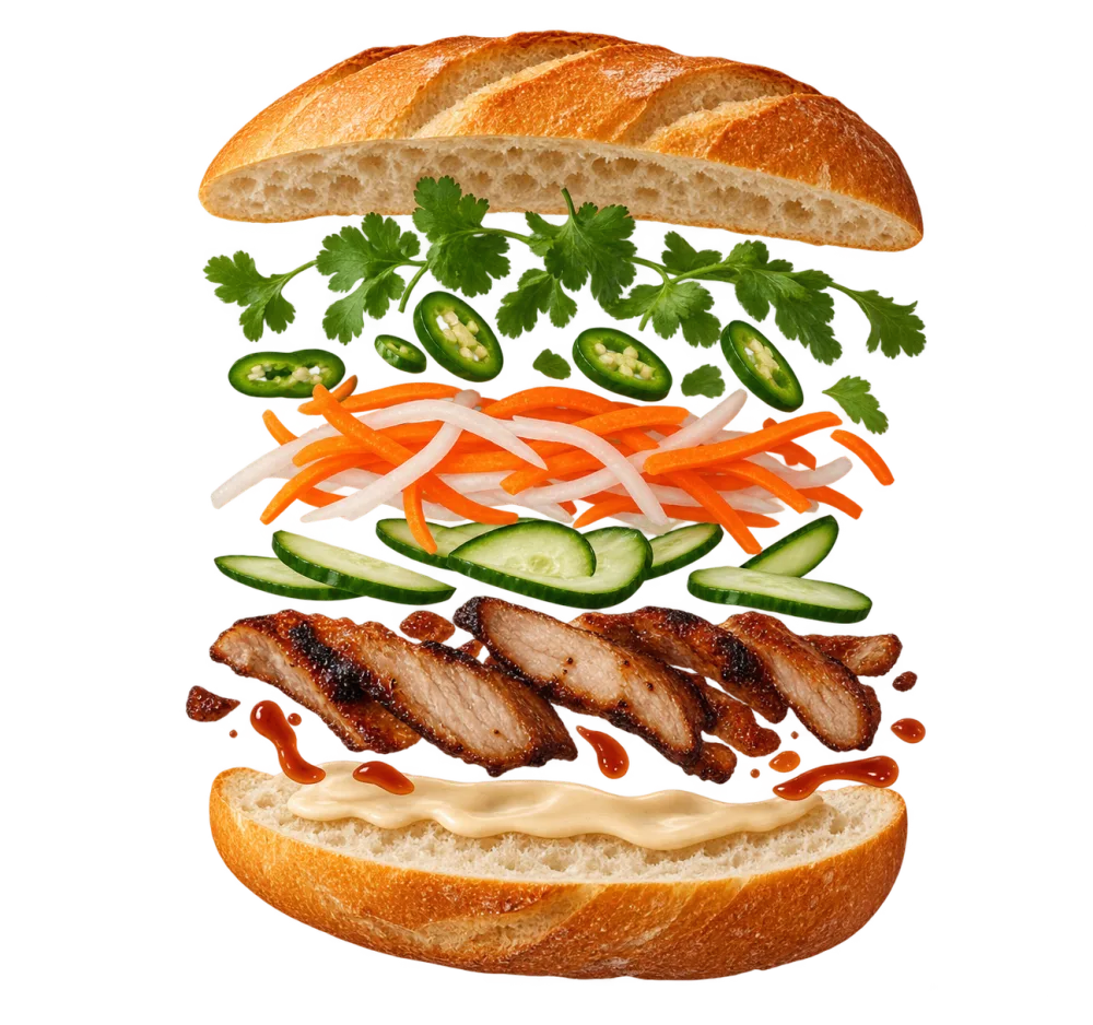 Illustration af en bánh mì skilt ad lag for lag: surdejsbaguette, creme, marineret fyld, syltede grøntsager, agurk, koriander og chili
