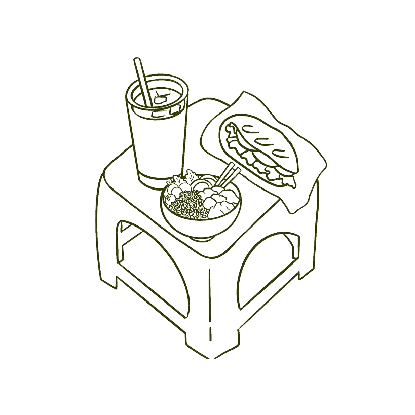 Illustration af et bord med bánh mì, bowls og drinks